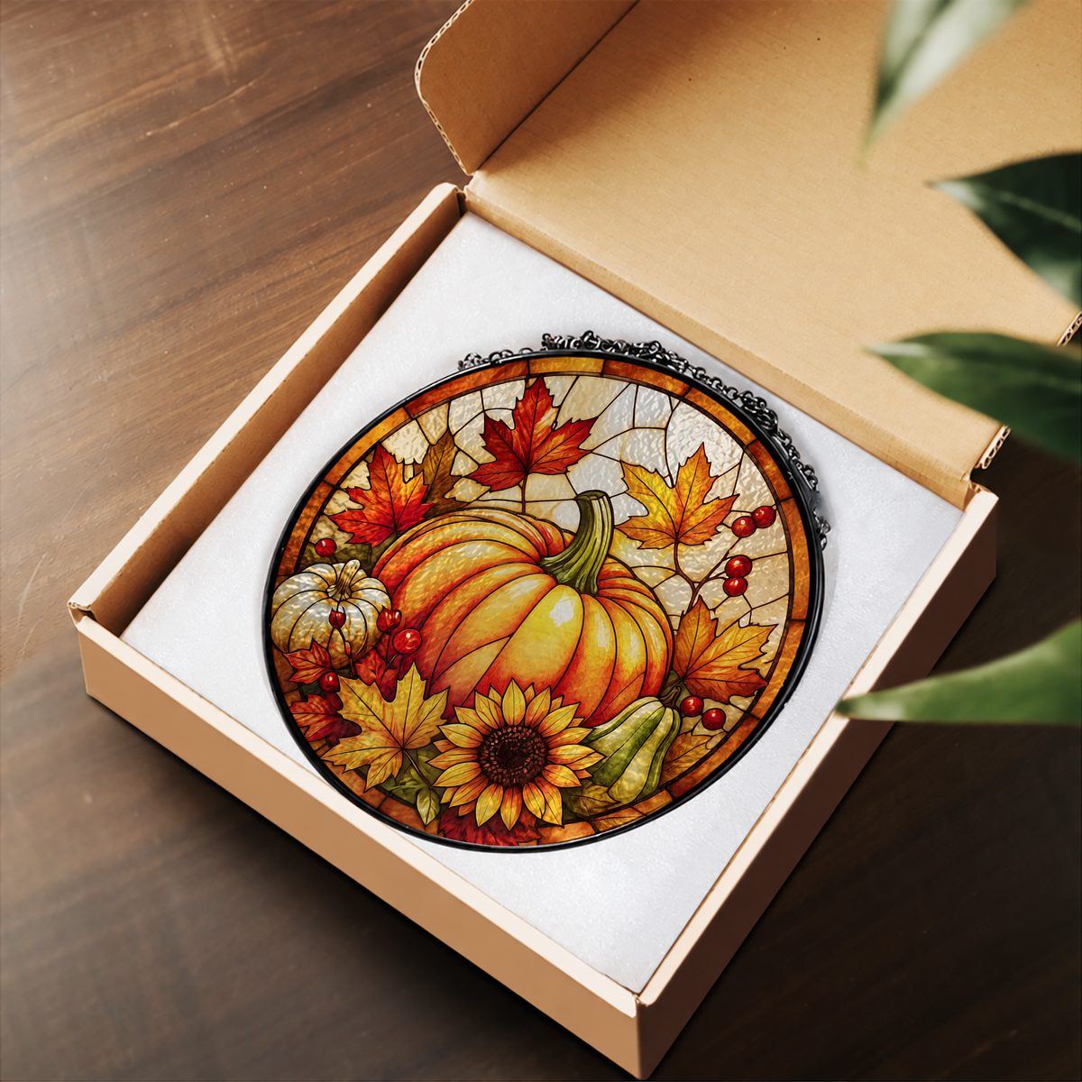 Pumpkin with Autumn Sunflowers stained glass suncatcher – flat printed artwork design