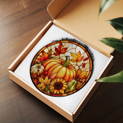Pumpkin with Autumn Sunflowers stained glass suncatcher – flat printed artwork design