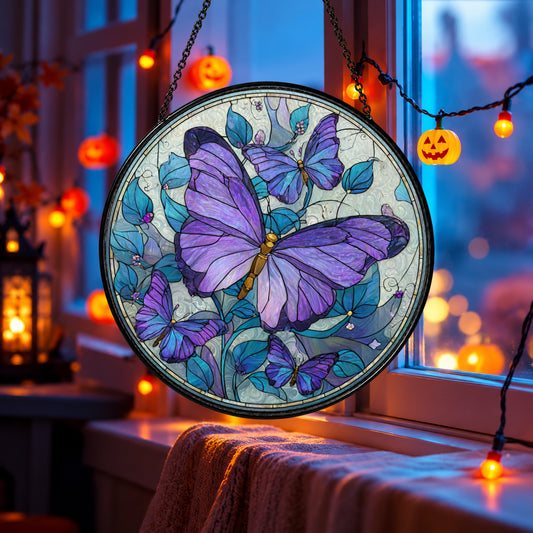 Purple Butterfly in Blue Flower Garden stained glass suncatcher window hanging – front design view