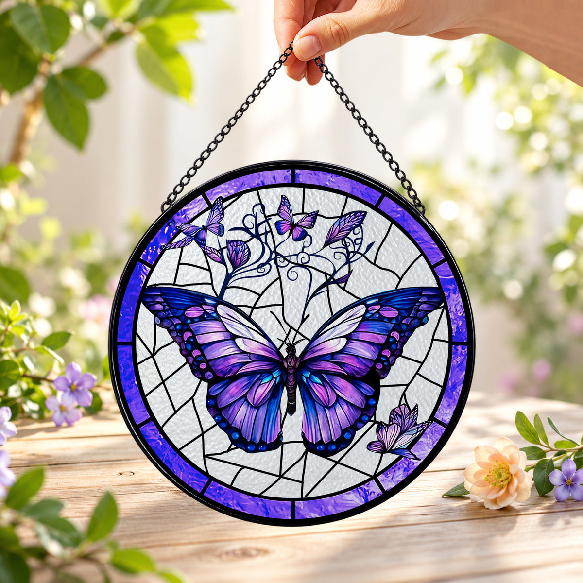 Purple Butterfly on Mosaic Flowers round stained glass window hanging – second gallery view