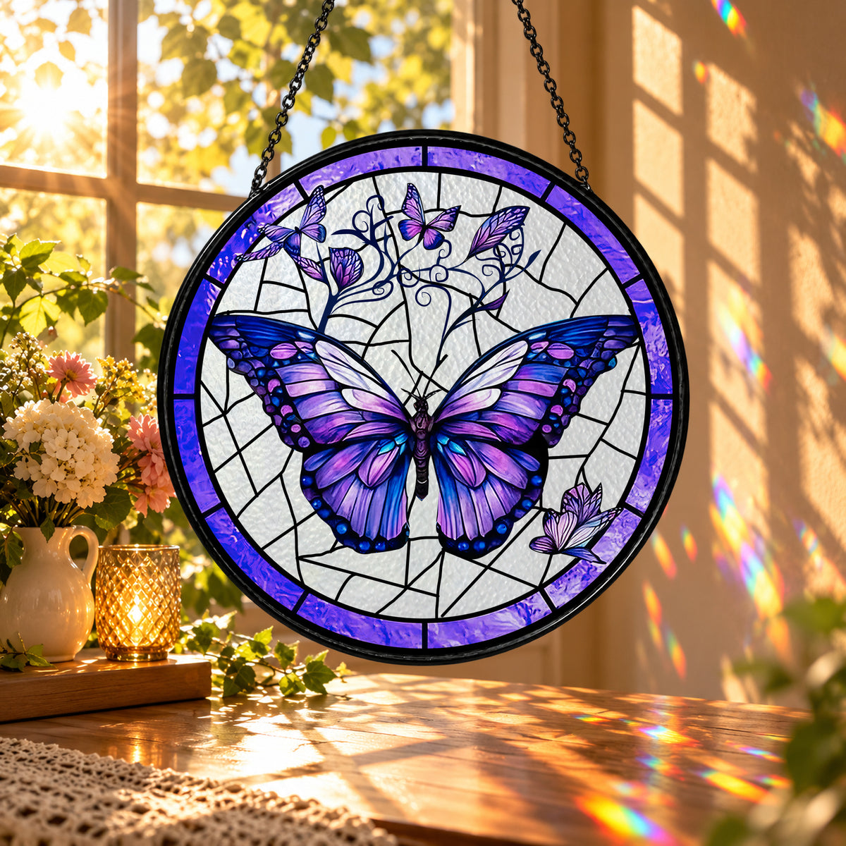 Purple Butterfly on Mosaic Flowers stained glass window suncatcher – third gallery view