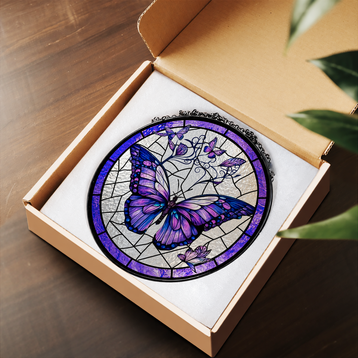 Purple Butterfly on Mosaic Flowers stained glass suncatcher – flat printed artwork design