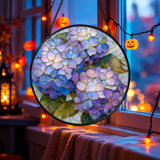 Purple Hydrangea Flower Cluster stained glass suncatcher window hanging – front design view