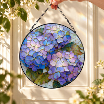 Purple Hydrangea Flower Cluster round stained glass window hanging – second gallery view