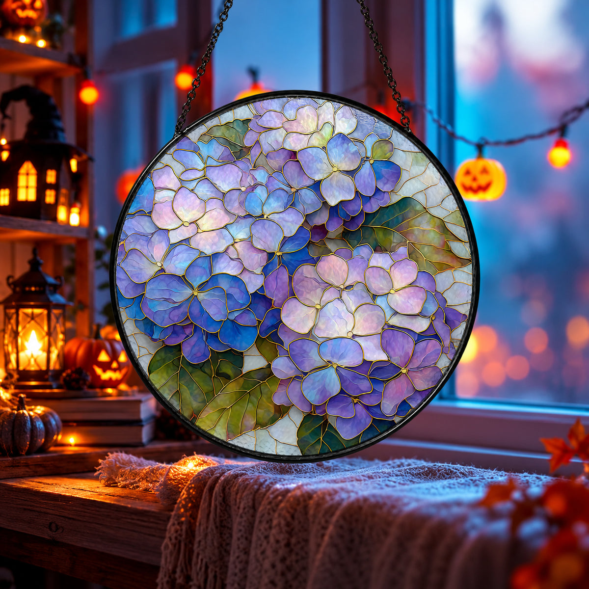 Purple Hydrangea Flower Cluster stained glass window suncatcher – third gallery view