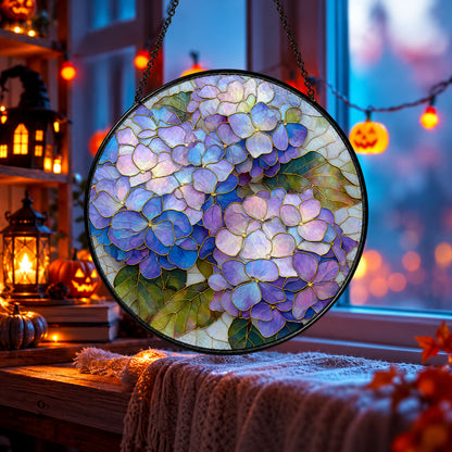 Purple Hydrangea Flower Cluster stained glass window suncatcher – third gallery view