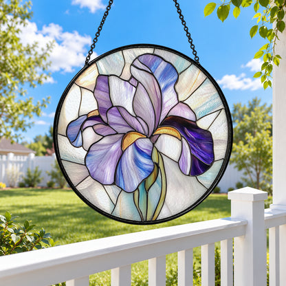 Purple Iris in Bloom stained glass suncatcher window hanging – front design view