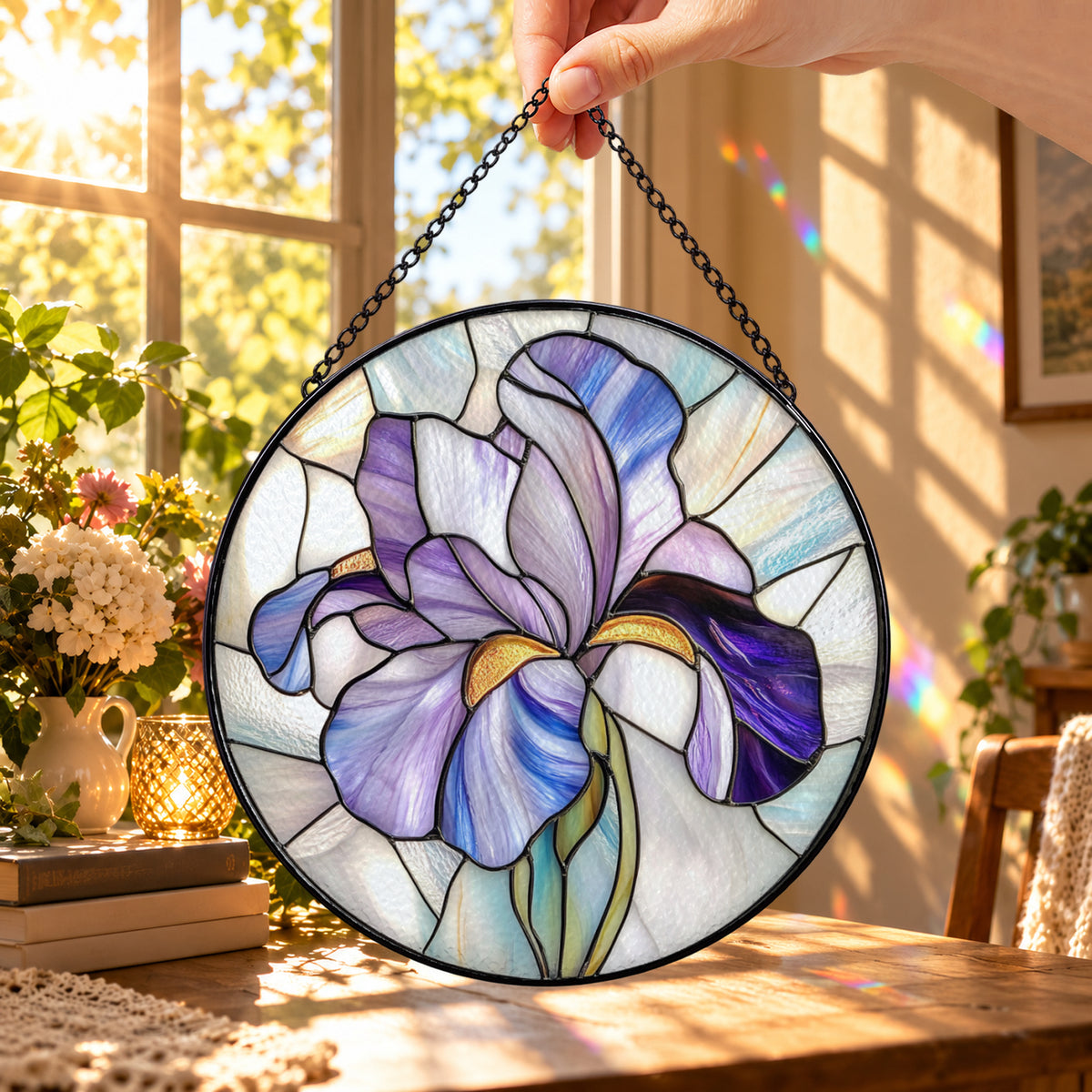 Purple Iris in Bloom round stained glass window hanging – second gallery view