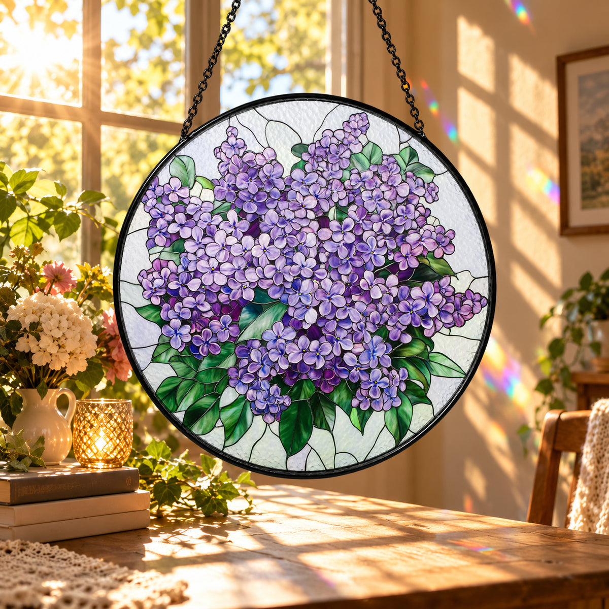 Purple Lilac Flower Bouquet stained glass suncatcher window hanging – front design view