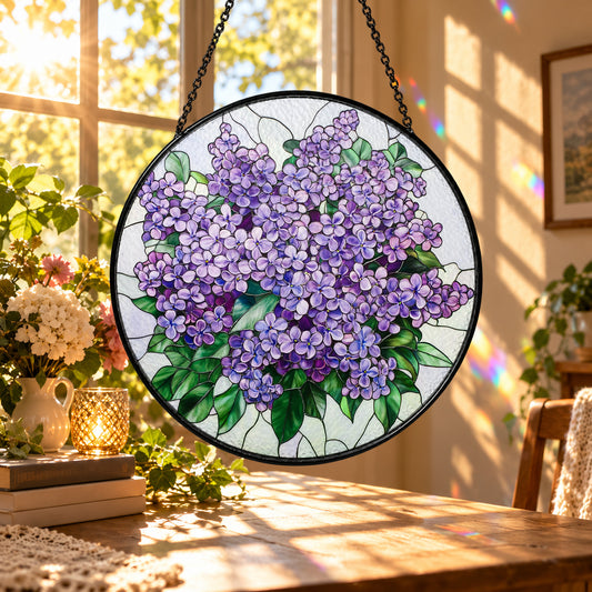 Purple Lilac Flower Bouquet stained glass suncatcher window hanging – front design view
