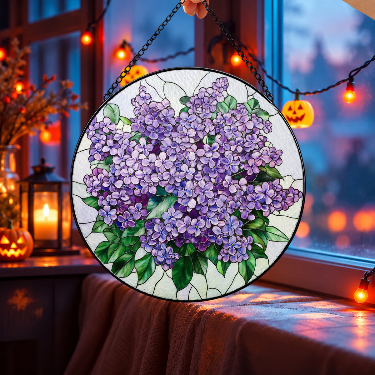 Purple Lilac Flower Bouquet round stained glass window hanging – second gallery view