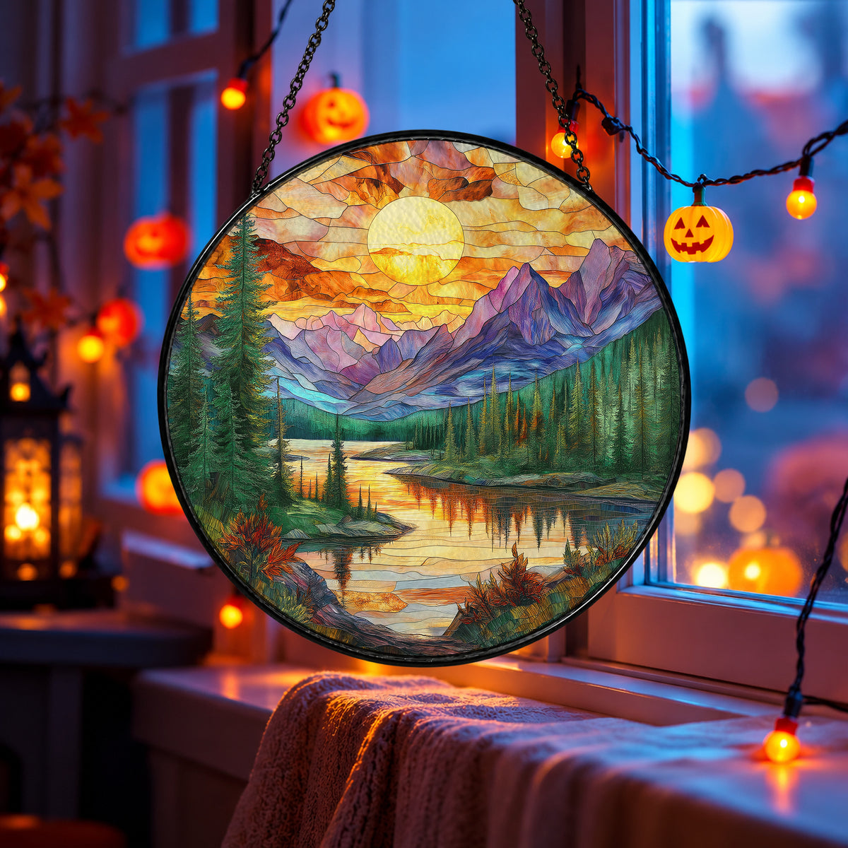 Purple Mountain Lake Sunrise stained glass suncatcher window hanging – front design view