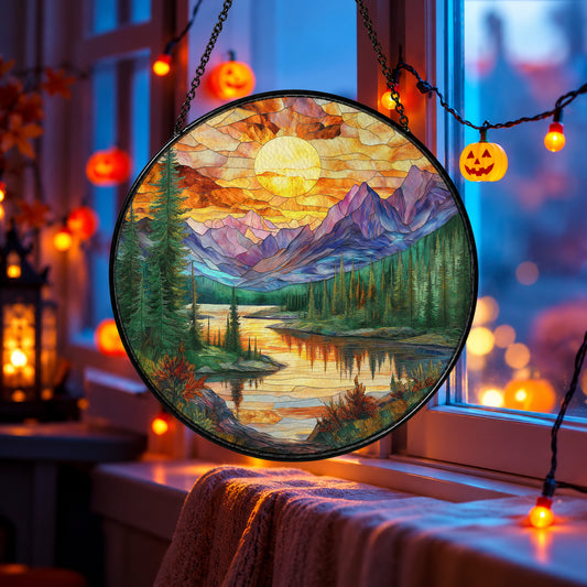 Purple Mountain Lake Sunrise stained glass suncatcher window hanging – front design view