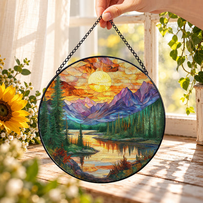 Purple Mountain Lake Sunrise round stained glass window hanging – second gallery view