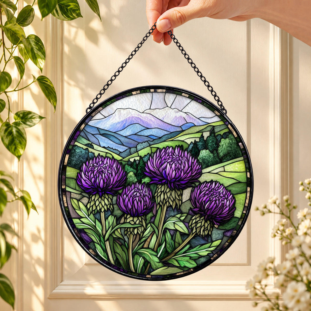 Purple Scottish Thistles in Highlands round stained glass window hanging – second gallery view