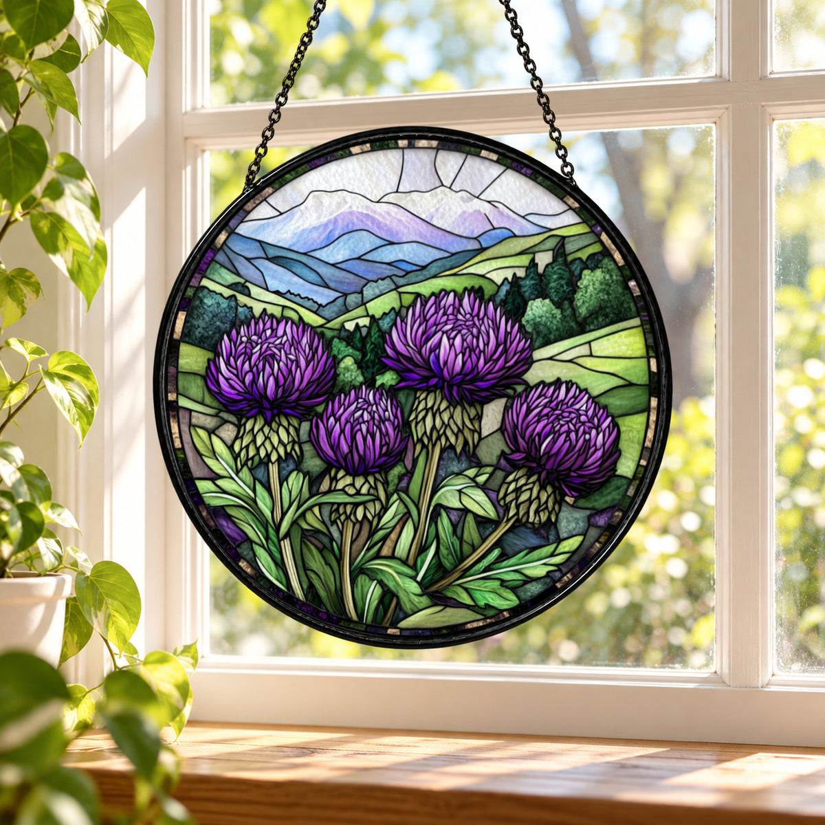 Purple Scottish Thistles in Highlands stained glass window suncatcher – third gallery view