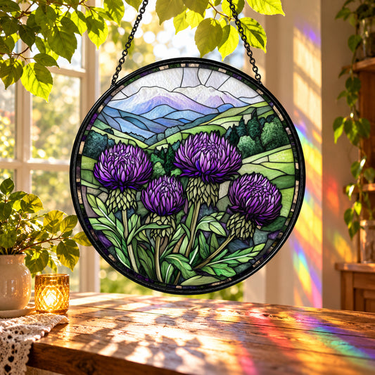 Purple Thistle Flowers and Hills stained glass suncatcher window hanging – front design view
