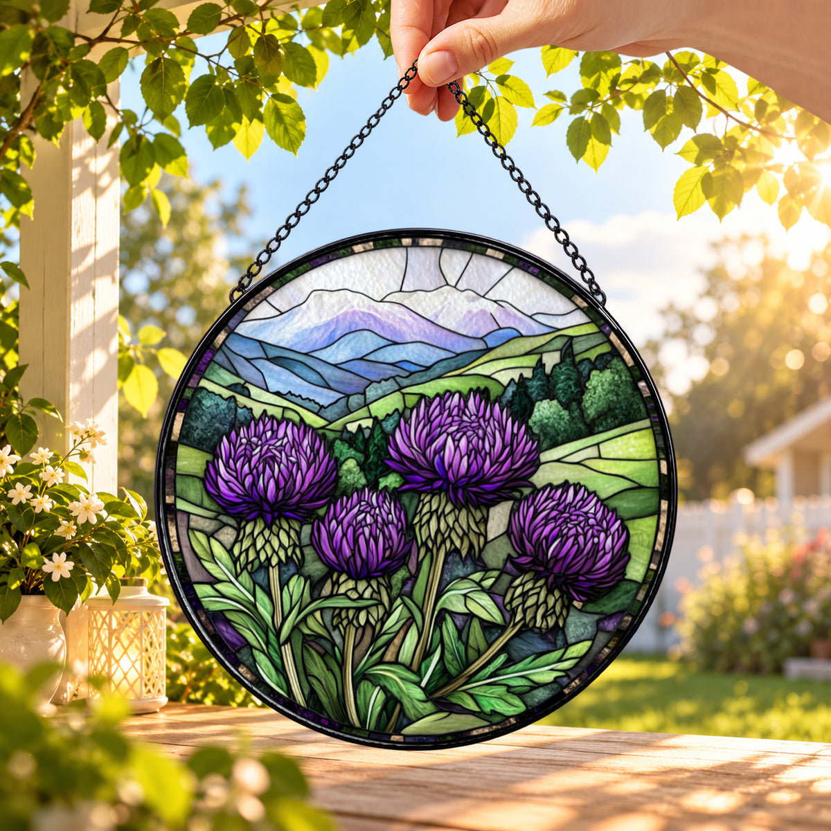 Purple Thistle Flowers and Hills round stained glass window hanging – second gallery view