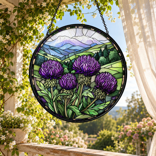 Purple Thistle Meadow and Mountains stained glass suncatcher window hanging – front design view