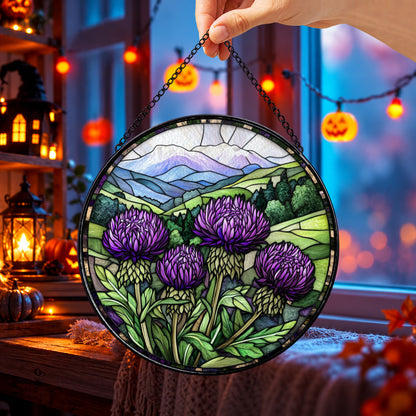 Purple Thistle Meadow and Mountains round stained glass window hanging – second gallery view