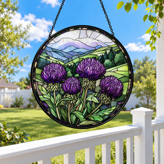 Purple Thistles over Green Mountains stained glass suncatcher window hanging – front design view