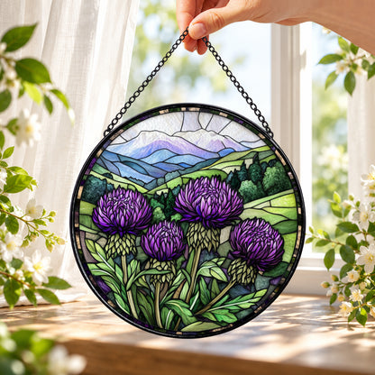 Purple Thistles over Green Mountains round stained glass window hanging – second gallery view