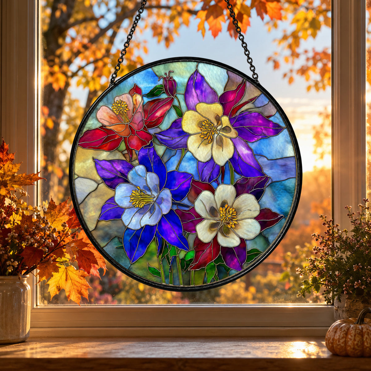 Rainbow Bouquet of Garden Flowers stained glass suncatcher window hanging – front design view