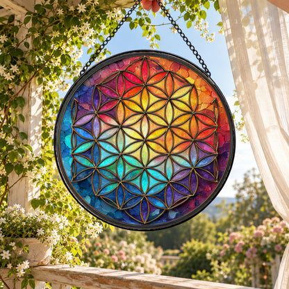 Rainbow Sacred Geometry Mandala stained glass suncatcher window hanging – front design view