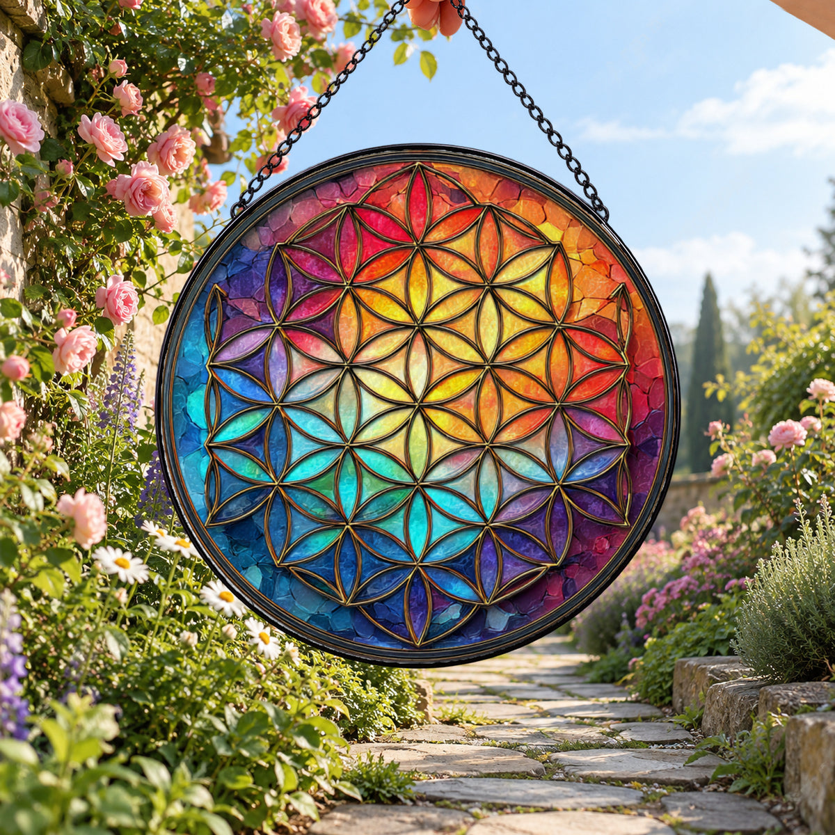 Rainbow Sacred Geometry Mandala stained glass window suncatcher – third gallery view