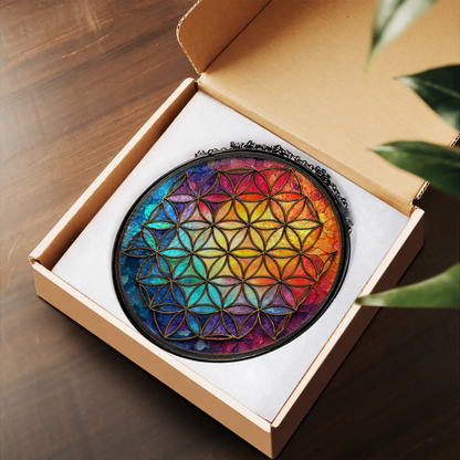Rainbow Sacred Geometry Mandala stained glass suncatcher – flat printed artwork design