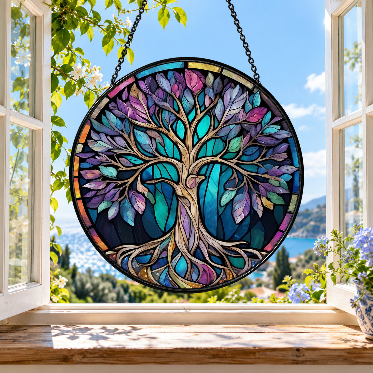 Rainbow Tree of Life with Deep Roots stained glass suncatcher window hanging – front design view