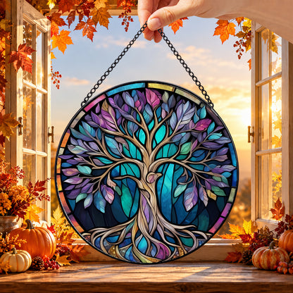 Rainbow Tree of Life with Deep Roots round stained glass window hanging – second gallery view