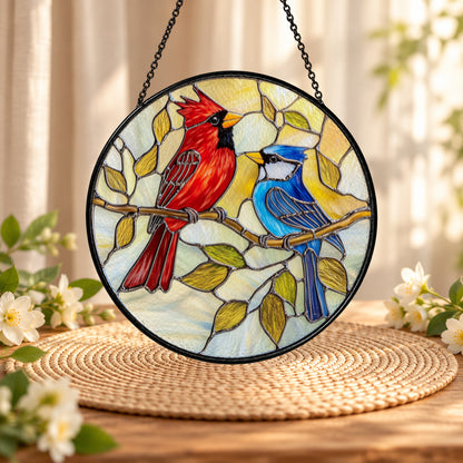Red Cardinal and Blue Jay Pair stained glass suncatcher window hanging – front design view