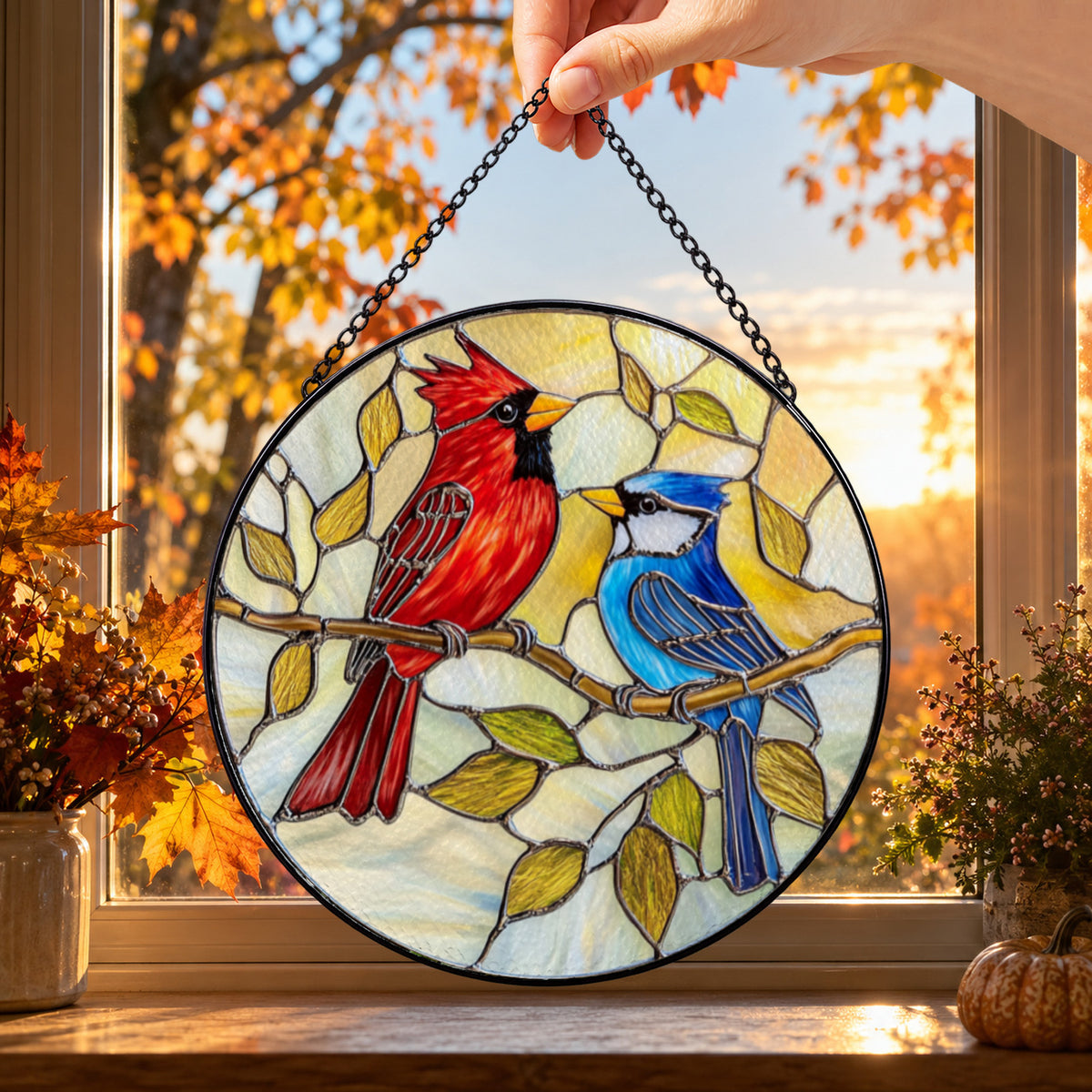 Red Cardinal and Blue Jay Pair round stained glass window hanging – second gallery view