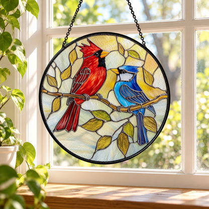 Red Cardinal and Blue Jay Pair stained glass window suncatcher – third gallery view