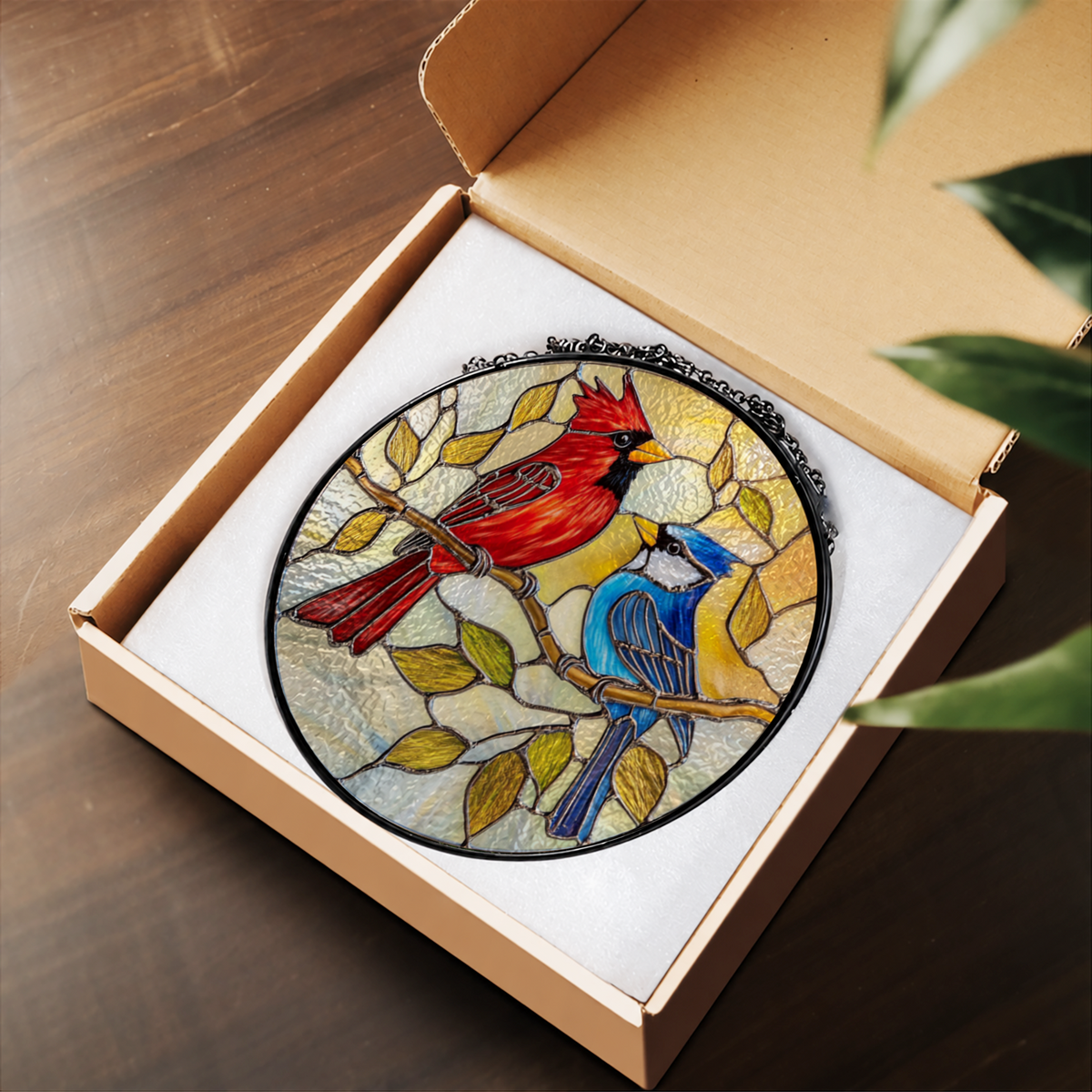 Red Cardinal and Blue Jay Pair stained glass suncatcher – flat printed artwork design