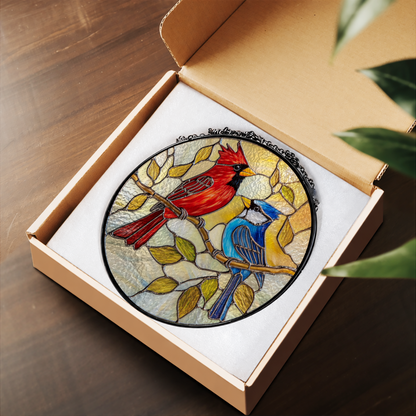 Red Cardinal and Blue Jay Pair stained glass suncatcher – flat printed artwork design