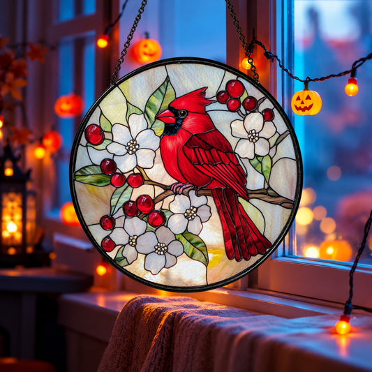 Red Cardinal and Winter Berries stained glass suncatcher window hanging – front design view