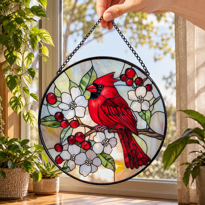 Red Cardinal and Winter Berries round stained glass window hanging – second gallery view