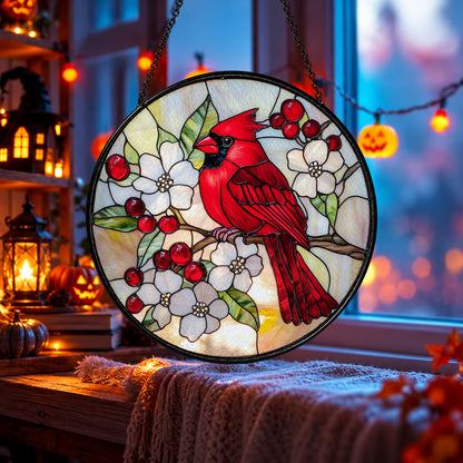 Red Cardinal and Winter Berries stained glass window suncatcher – third gallery view