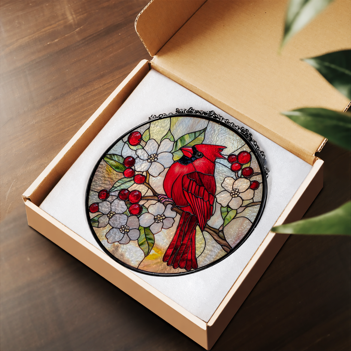 Red Cardinal and Winter Berries stained glass suncatcher – flat printed artwork design