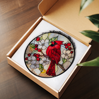 Red Cardinal and Winter Berries stained glass suncatcher – flat printed artwork design
