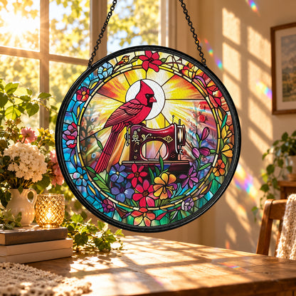 Red Cardinal in Colorful Garden stained glass suncatcher window hanging – front design view