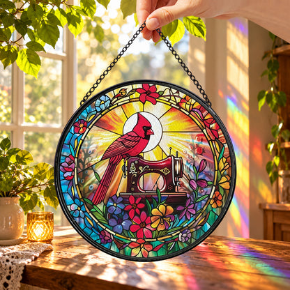 Red Cardinal in Colorful Garden round stained glass window hanging – second gallery view
