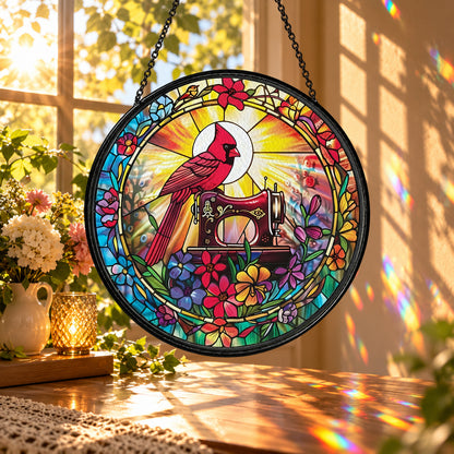 Red Cardinal in Colorful Garden stained glass window suncatcher – third gallery view