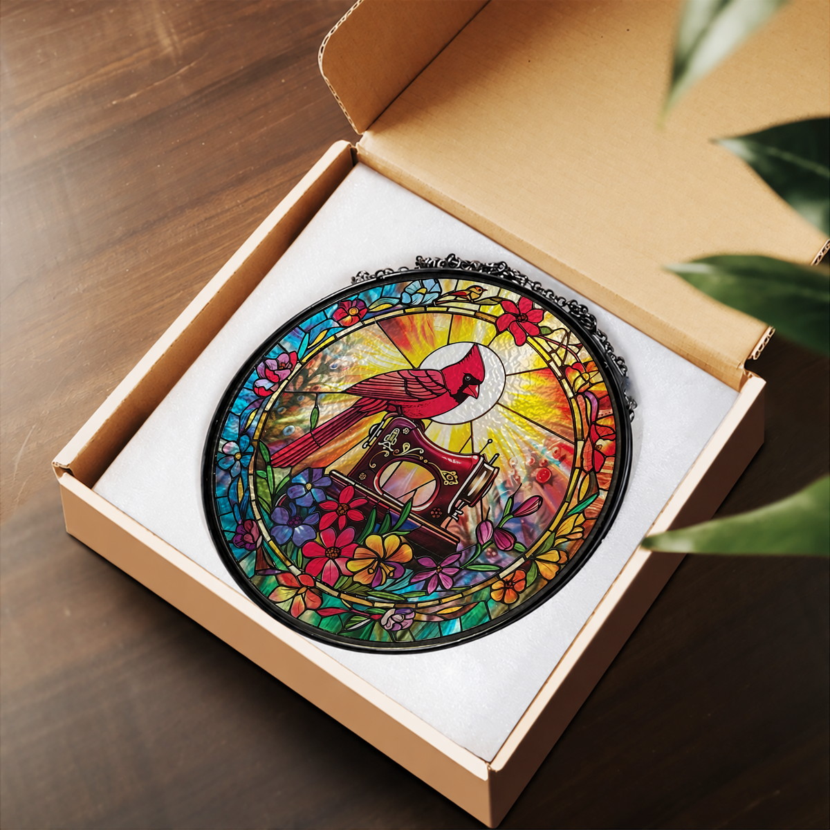 Red Cardinal in Colorful Garden stained glass suncatcher – flat printed artwork design