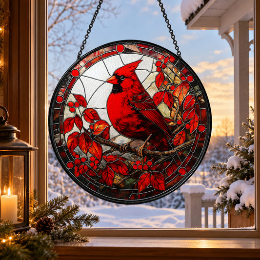 Red Cardinal in Winter Berry Tree stained glass suncatcher window hanging – front design view
