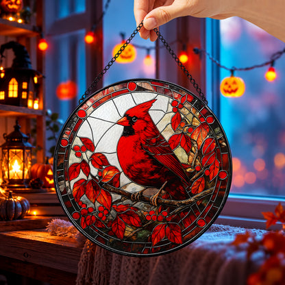 Red Cardinal in Winter Berry Tree round stained glass window hanging – second gallery view
