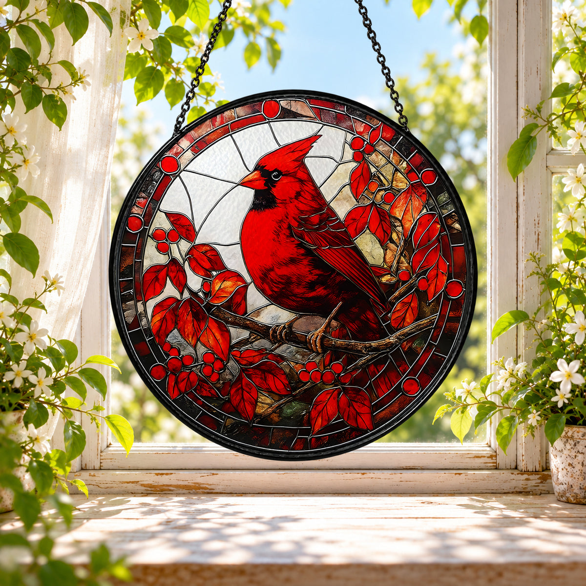 Red Cardinal in Winter Berry Tree stained glass window suncatcher – third gallery view