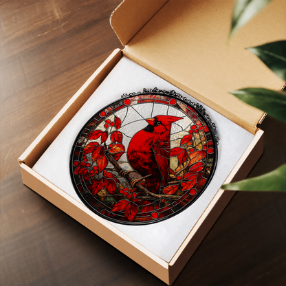 Red Cardinal in Winter Berry Tree stained glass suncatcher – flat printed artwork design